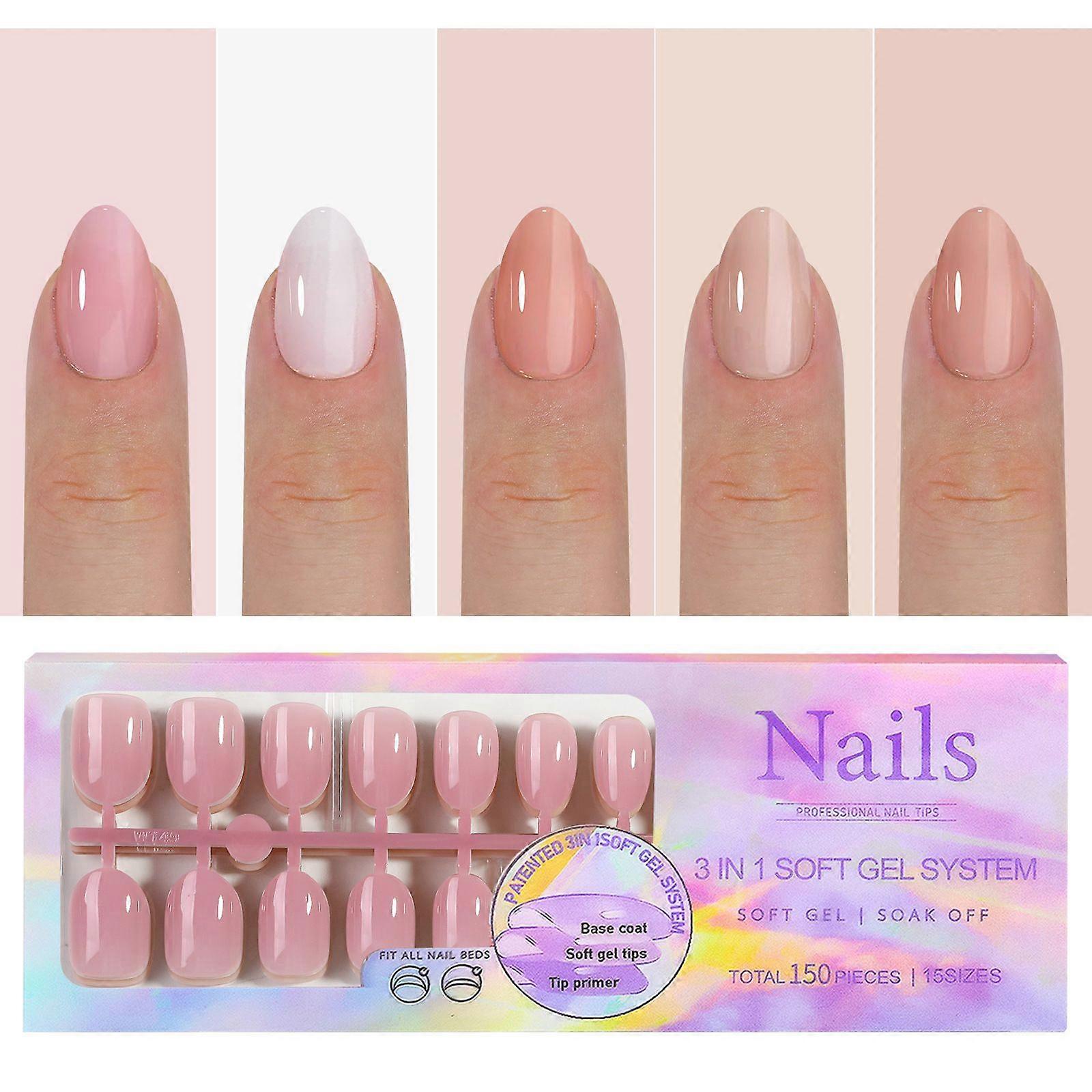 5 Colors Soft Gel Nail Tips Pre-applied Base Coat & Tip Primer Pre-made Fake Nails 15 Sizes False Nail Tips for Nail Art DIY