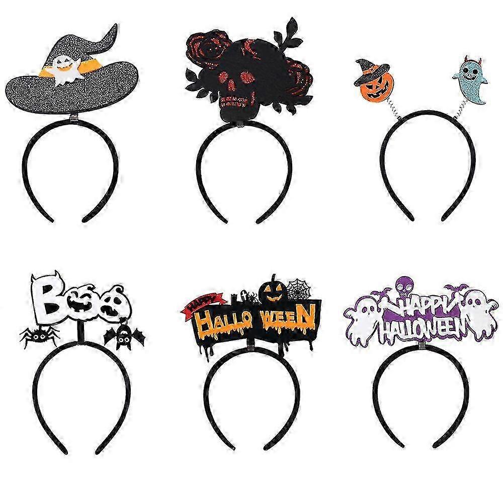 Headbands, 6 - Piece Halloween Themed Set with Witch Hat, Skull, Pumpkin, Ghost and "Boo", "Happy Halloween" Decorations
