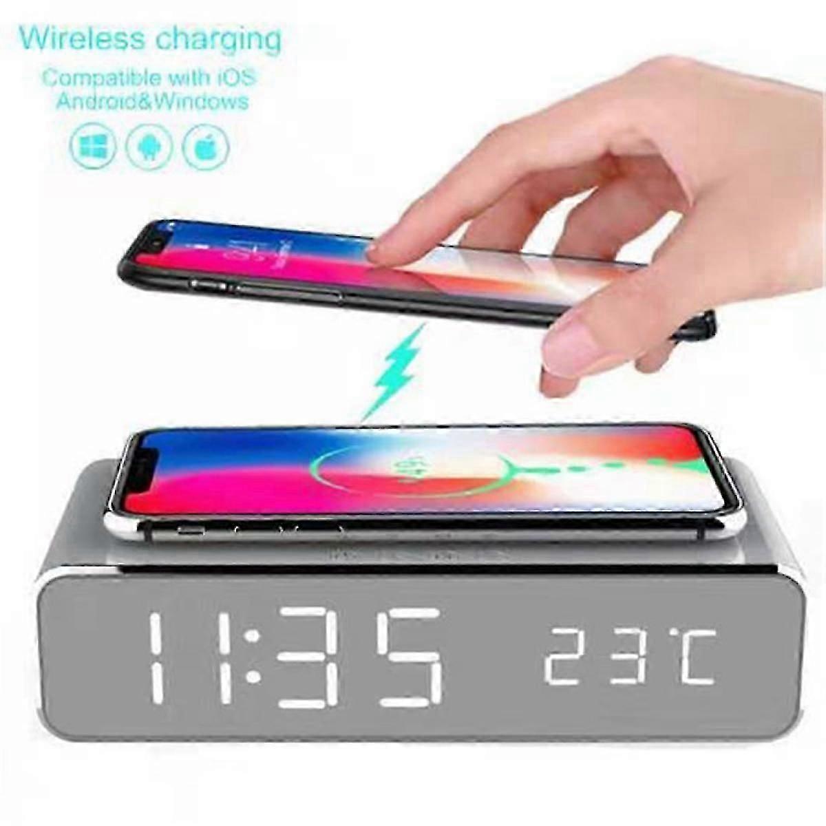 Mobile Phone Wireless Charger Alarm Clock, Multifunctional LED Temperature Display Qi Wireless Charger Alarm Clock Clock Sleep Timer Snooze Clock