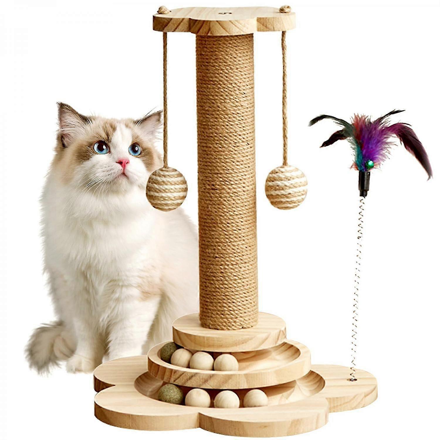 Cat Scratching Post, 4-in-1 Wooden Cat Scratching Post Toy, Tall Cat Scratching Post with 2 Horizontal Cat Trackballs, Interactive Cat Feather Toy and