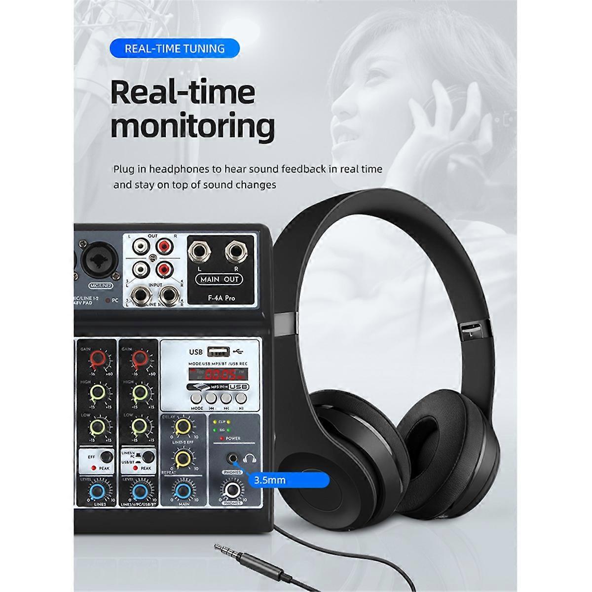 4 Channel Audio Mixer Sound Board Mixing Console Input 48V Phantom Power Stereo DJ Mixers for Record