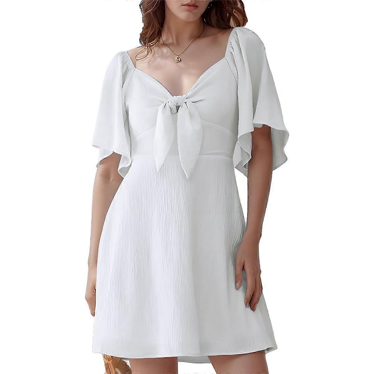 Deep V Neck Elegant Bow Tie Mini Dress White M