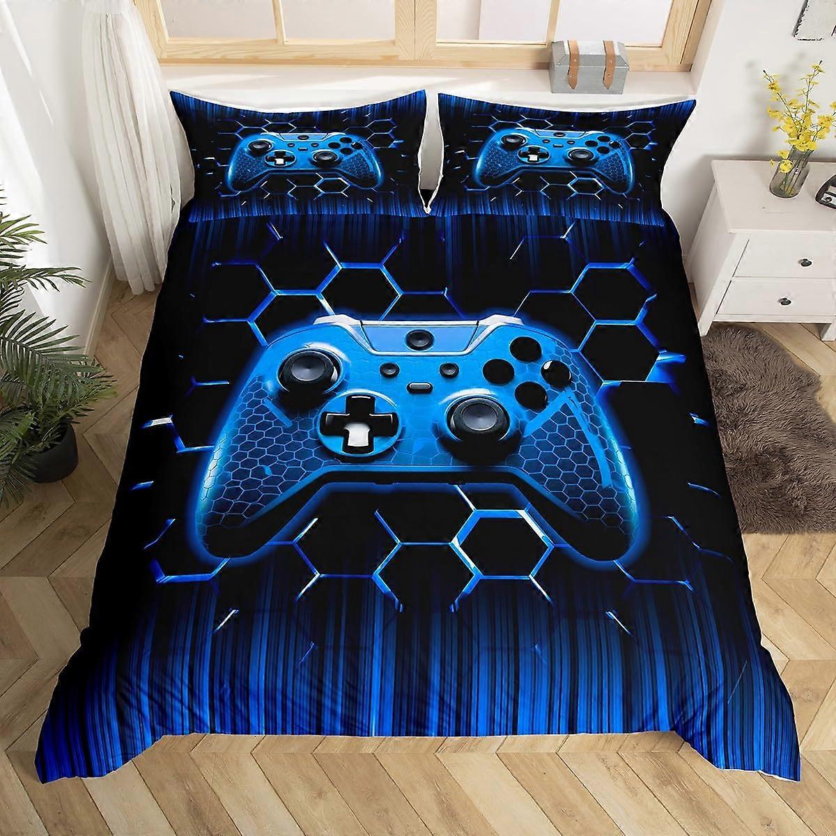 Blue Geometric Reversible Modern Gamer Duvet Cover Set for Kids Boys, Full Size, Soft Fabric, Game Theme Design