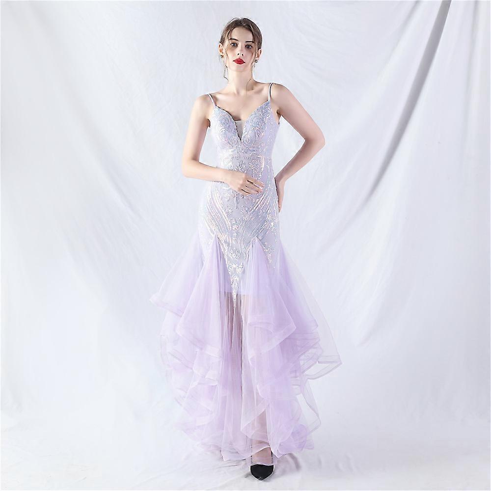 sexy see through look woman long Evening Dress Gauze deep V dinner dressed sequin
