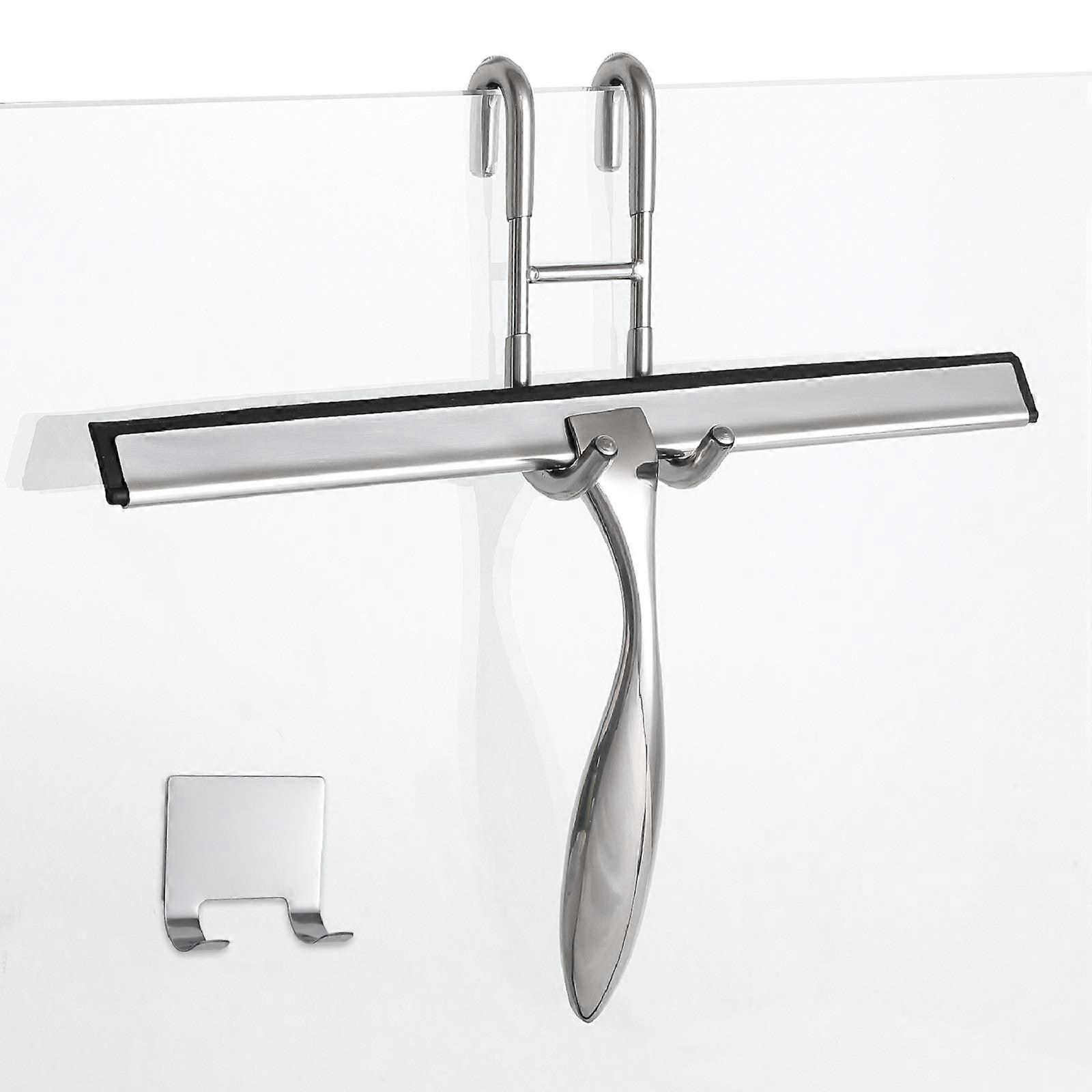 12-Inch Shower Squeegee Set with Door Hook and Adhesive Hook for Glass Shower Doors, Mirrors, and Windows, Silver