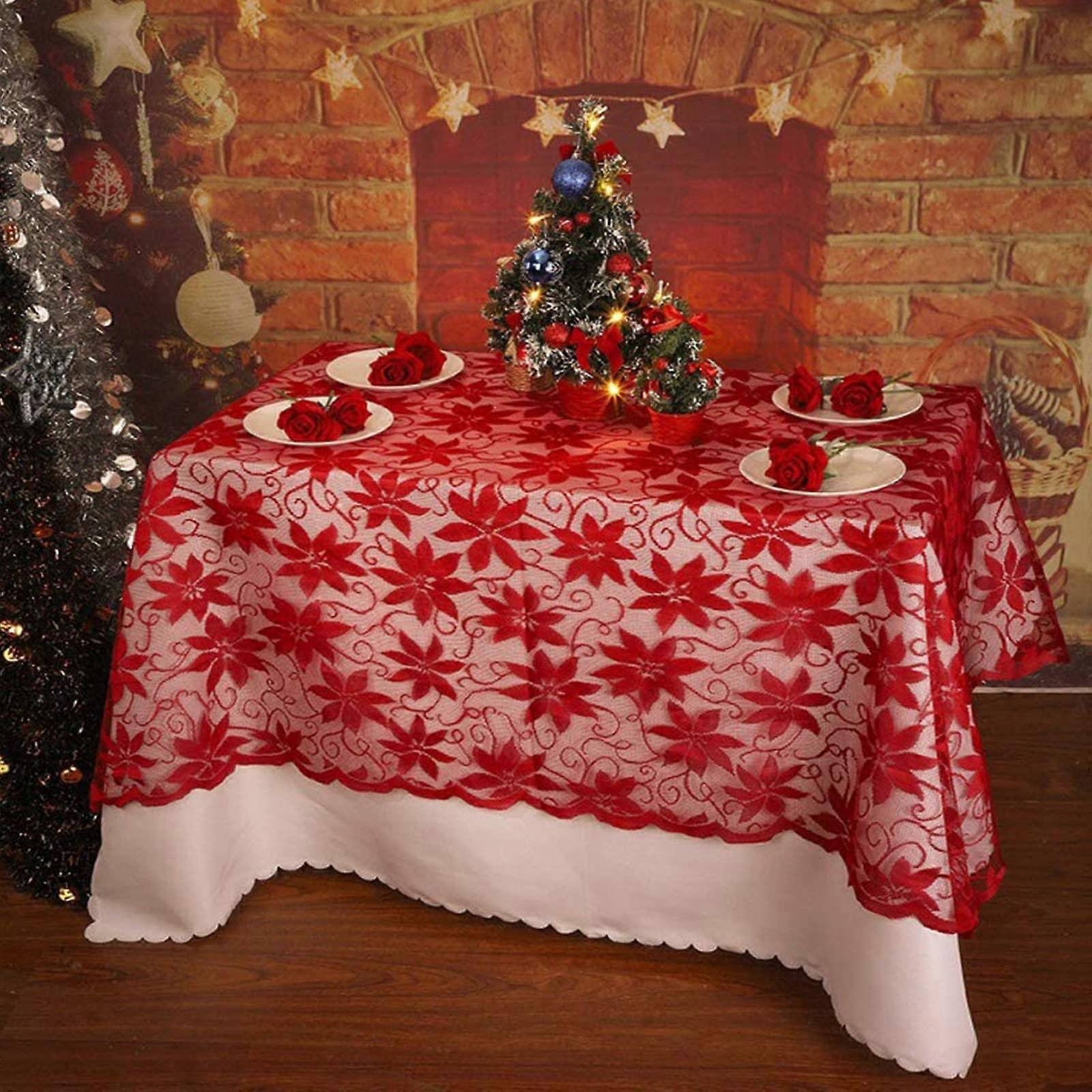 Rectangular Table Diaper Cover 60 x 83 Inches Red Holiday Lace with Leaf Prints for Dining Table Decoration