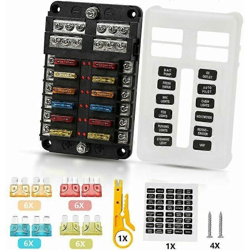 12V 12 Way Fuse Box Up to 100A Fuse Holder with 12 Fuses + 2 Stickers for Car, Boat, RV