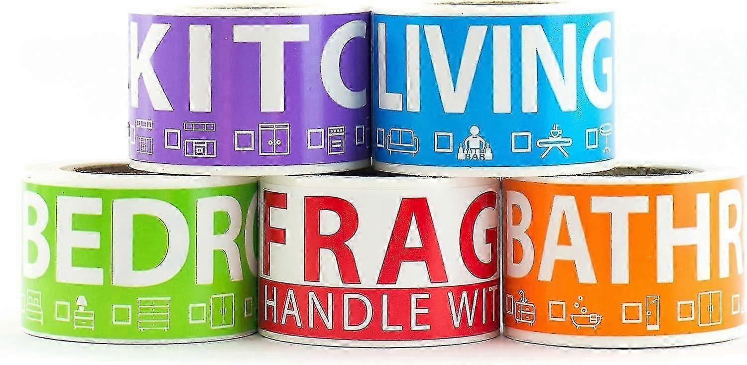 250 Color Coded Home Moving Labels for 1 Bedroom House, 50 Labels/Room, Fragile Label Included