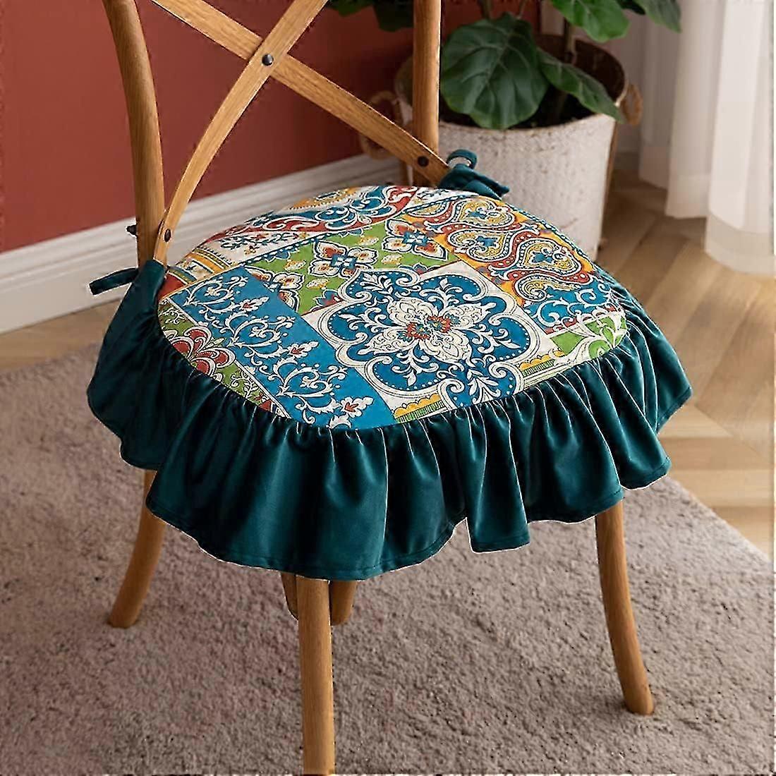Boho Printed Ruffled Chair Cushion with Ties Comfortable Kitchen Dining Chair Pad Seat Cushion with Removable Velvet Cover (FSLK,18"x18")