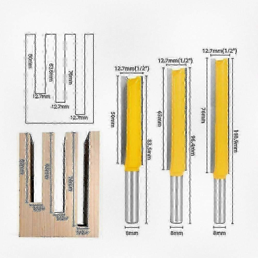 Set of 3 Extra Long 8mm Shank Milling Cutters, Woodworking Tools for Precision Cutting, Straight End Design
