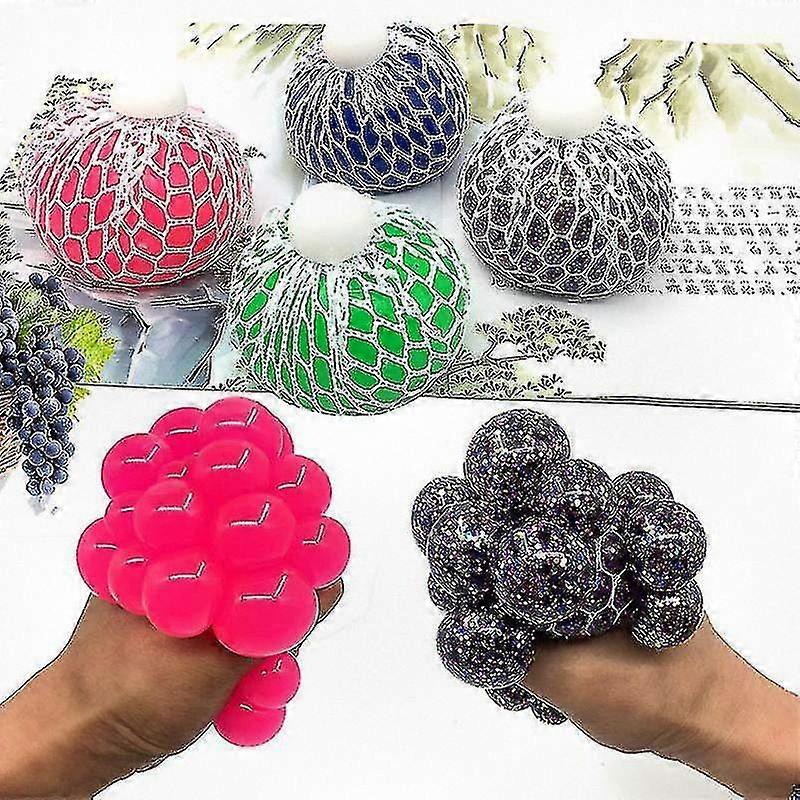 Set of 4 Random Mesh Squishy Balls for Stress Relief, Squeeze Grape-Shaped Stress Balls