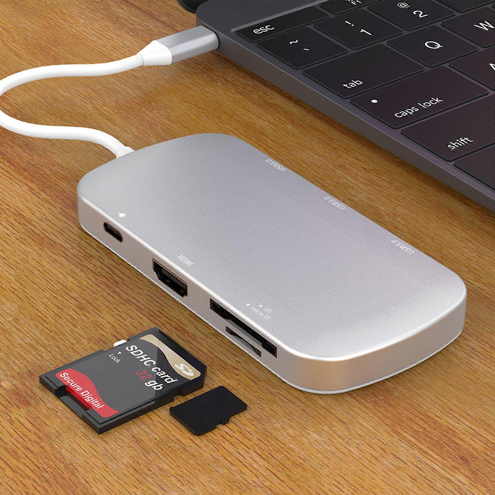 Type C Hub 7 in 1 HDMI-compatible 4K PD 100W 3x USB3.0 5Gb SD for MMC TF Reader Docking Station for Laptop Phones  Silver