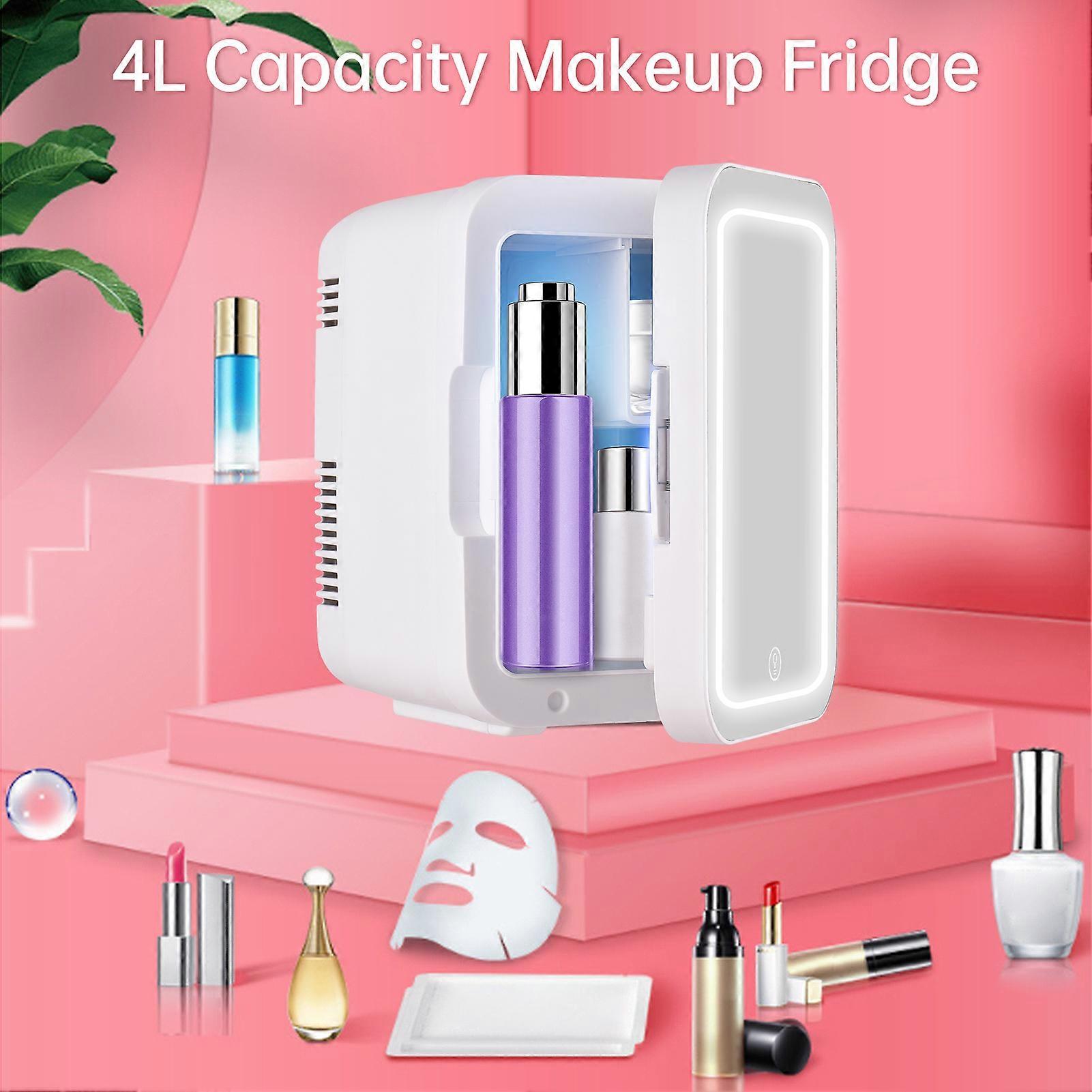 Mini Geladeira Aoresac com Capacidade de 4L Refrigerador Portátil e Aquecedor para Cuidados com a Pele com Porta de Espelho LED Regulável AC/DC 12V Geladeira Pequena para Cuidados com a Pele C