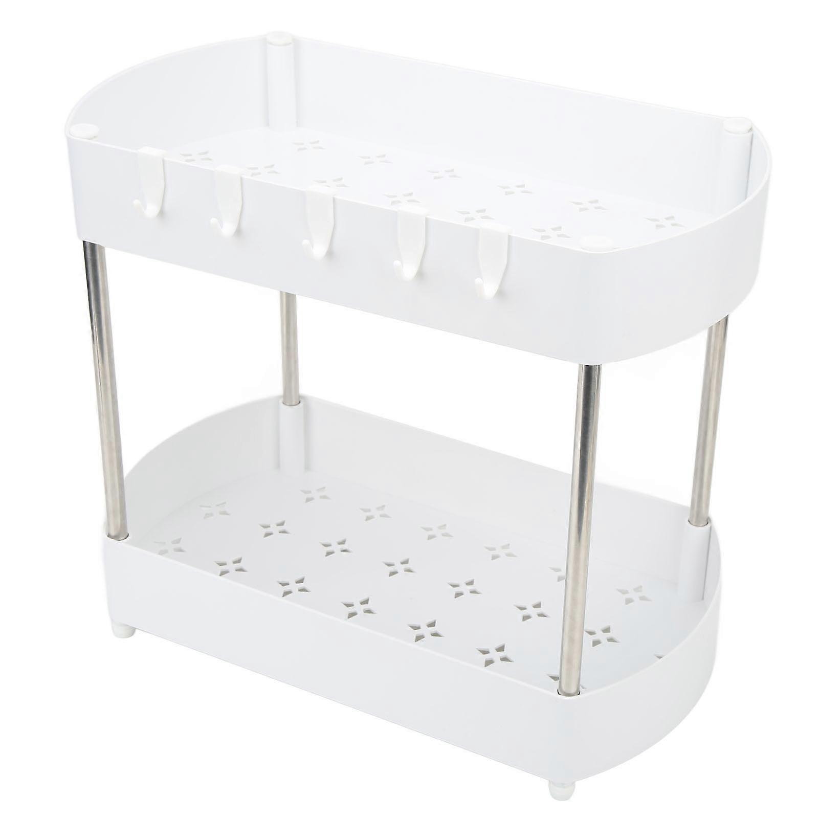 Under Sink 2 Tier Hollow Out ABS Bathroom Cabinet Organizer Rack with Stainless Steel Bracket and 5 Hooks