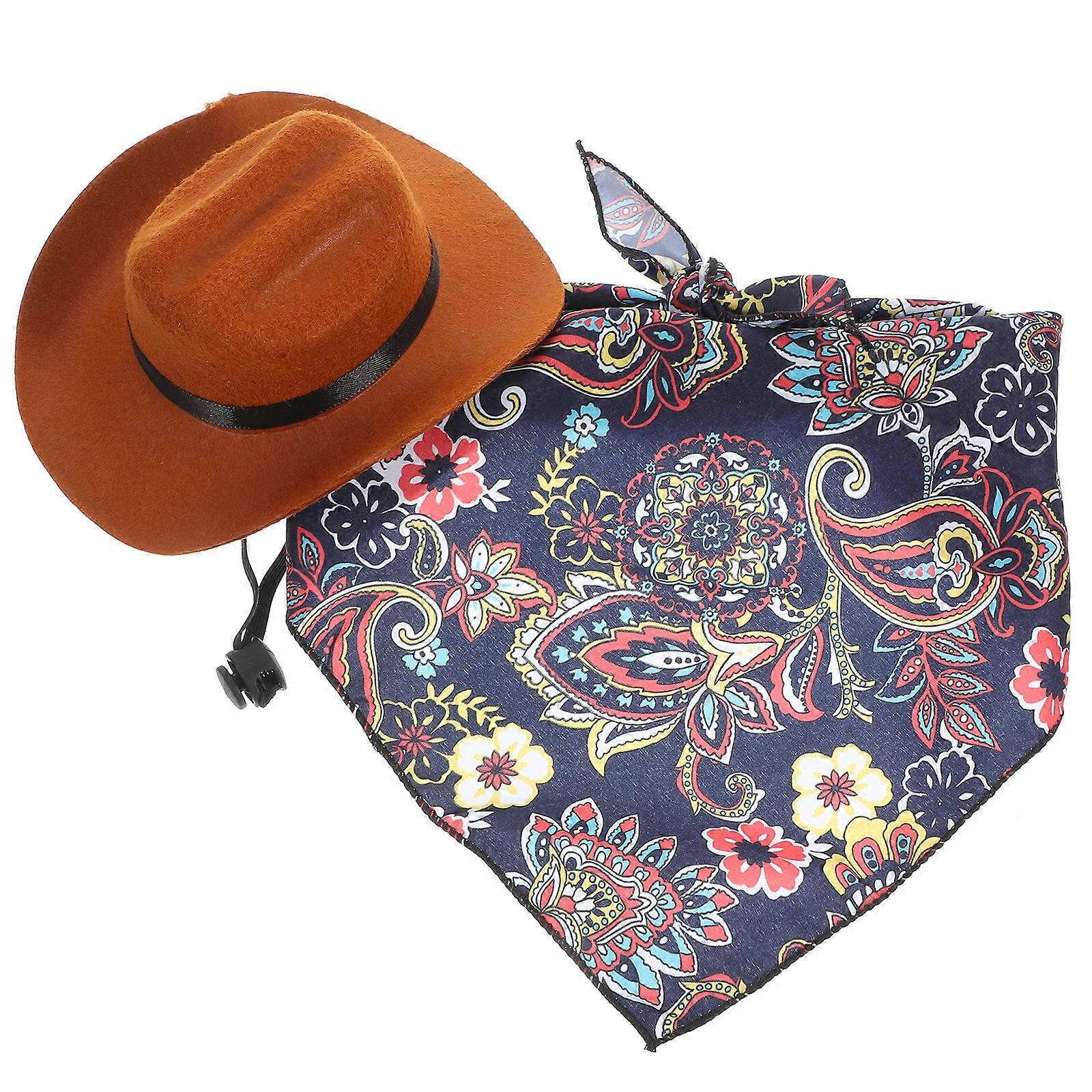 Vintage Pet Dog Hat and Bandana Set – Lightweight, Cool & Comfortable for Puppies and Kittens – Brown & Navy Pet Party Decor & Photo Prop
