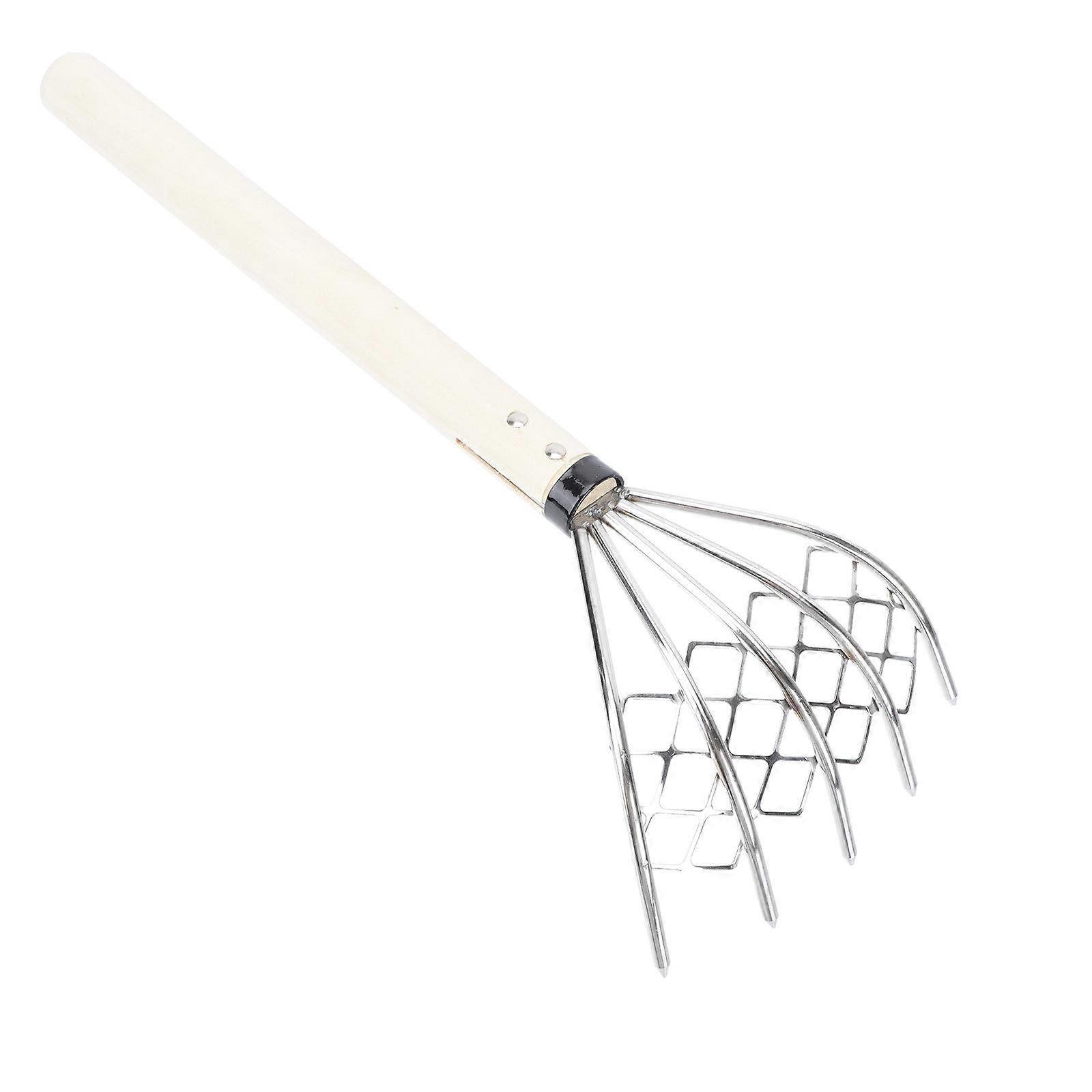 Stainless Steel Clam Rake with Net Ergonomic Wood Handle for Gardening 5 Claw Silver