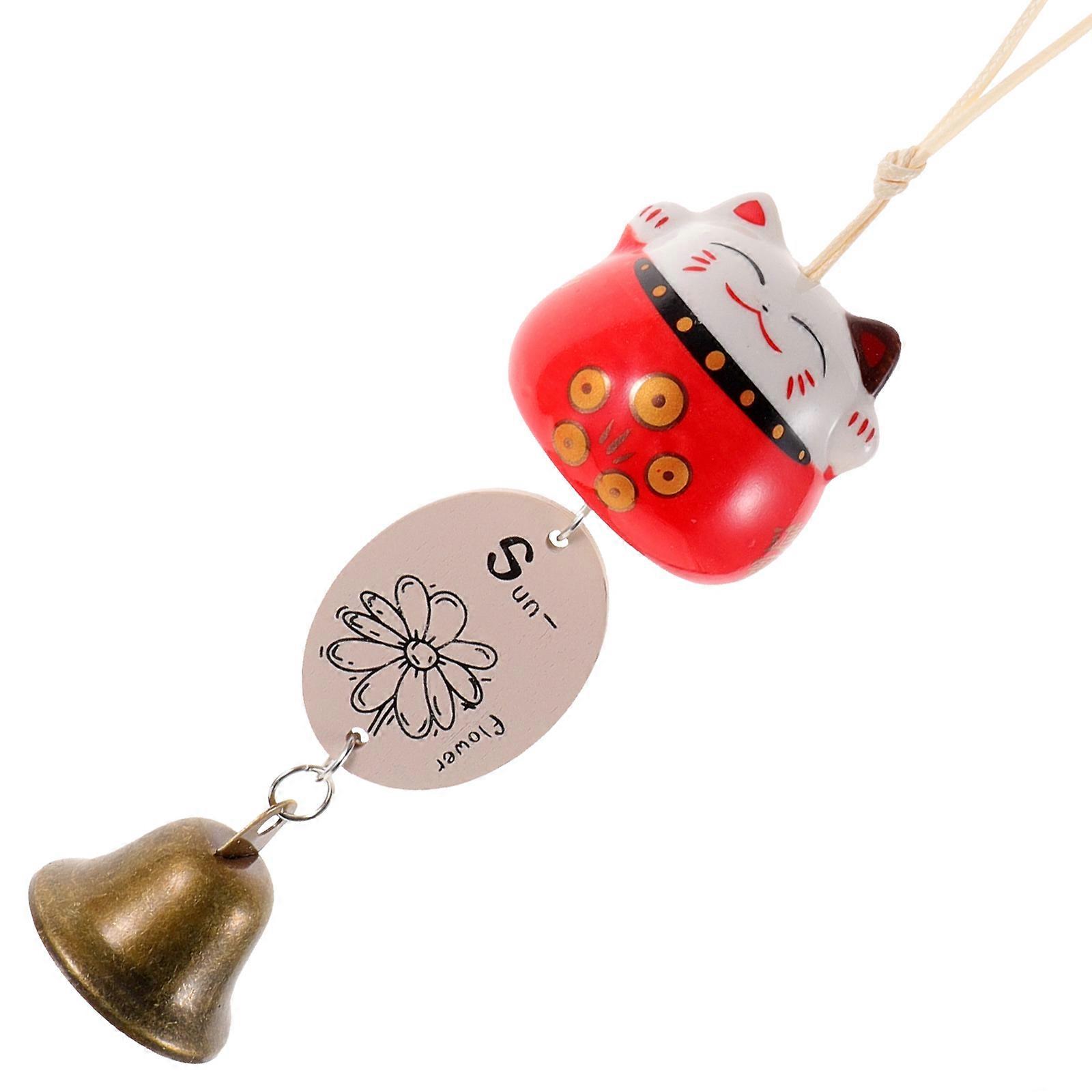 Neko Cat Bell Hanging Charm Ceramic Cat Wind Decor Red 29.50X5.50X5.50cm Japanese Style 1Pcs