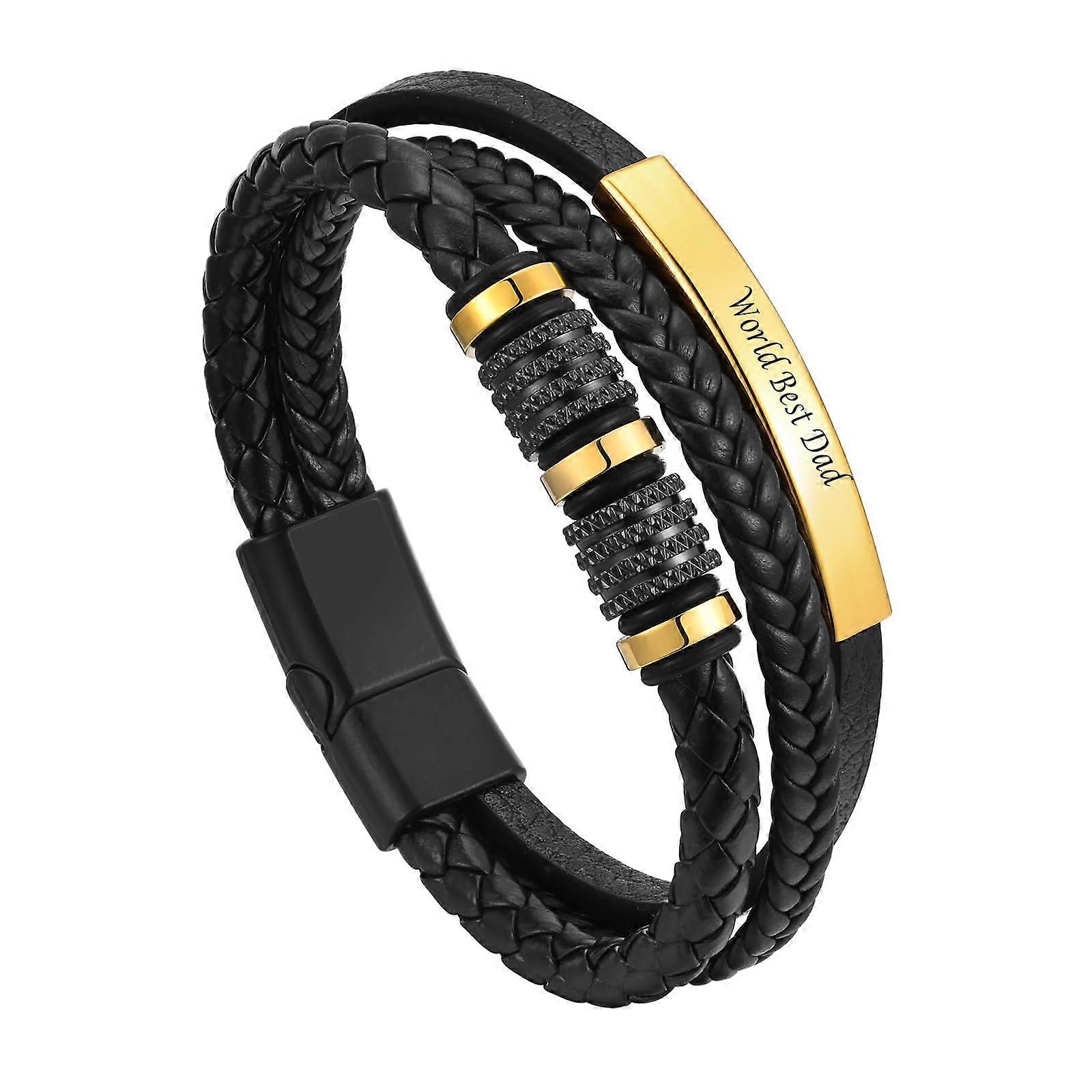 Leather Bracelet for Men Black Engraved Gift for Him Dad Son