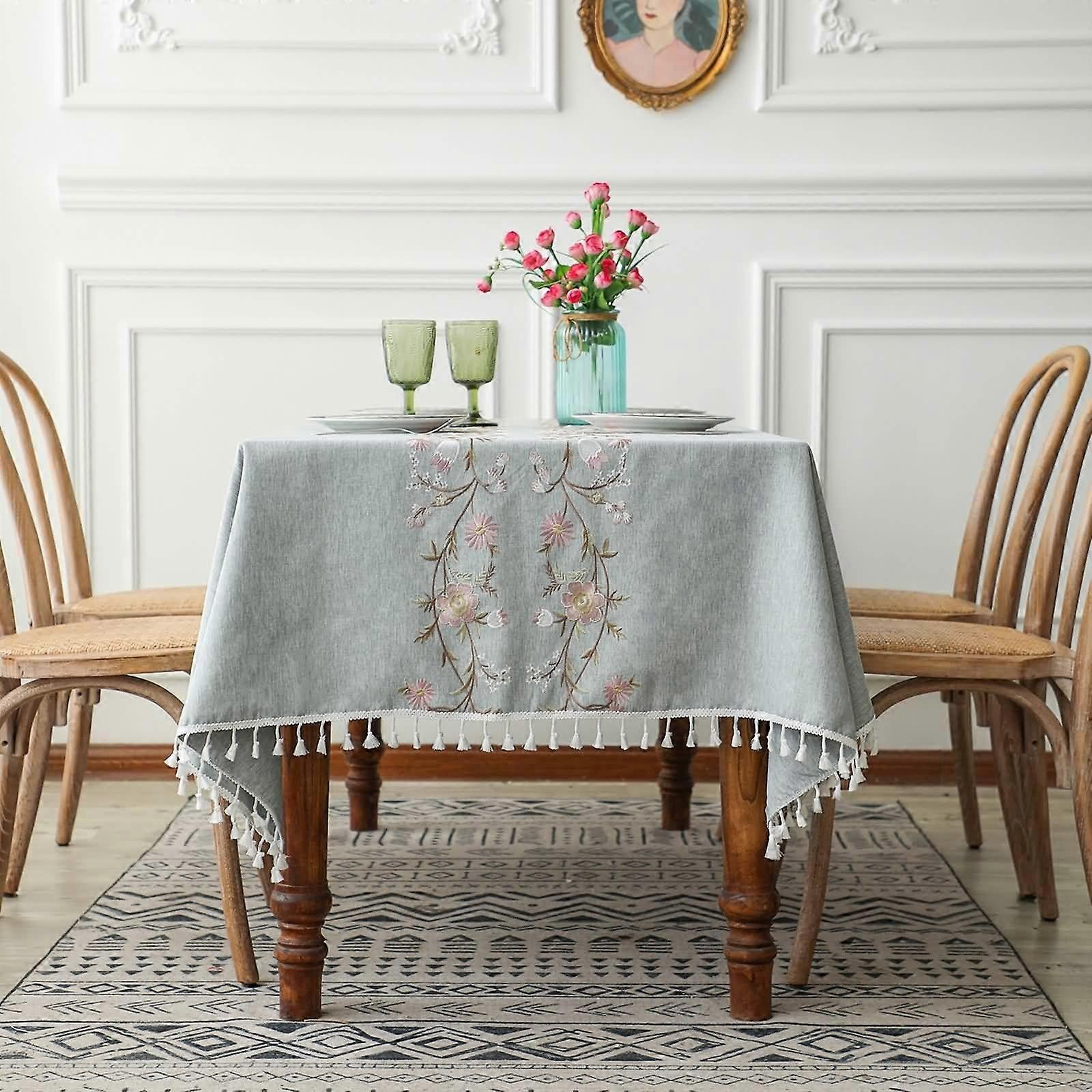Polyester Vintage Embroidery Floral Branches Tablecloth Grey 140x180cm