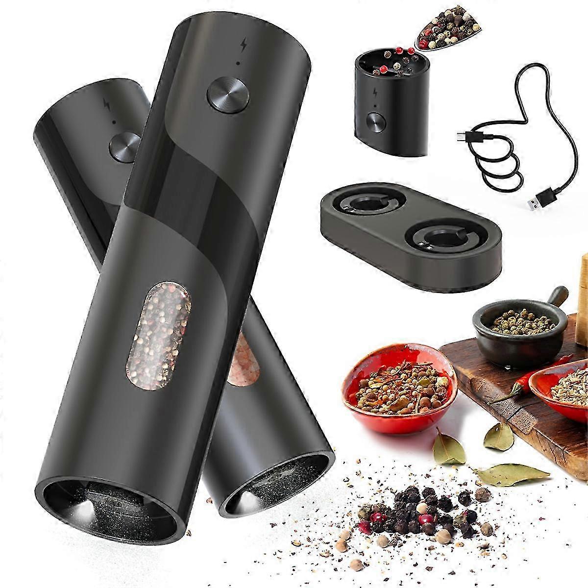 Electric Rechargeable Salt and Pepper Grinder Set Top-Refill Automatic Pepper Mill Grinder with Char Edition 0708