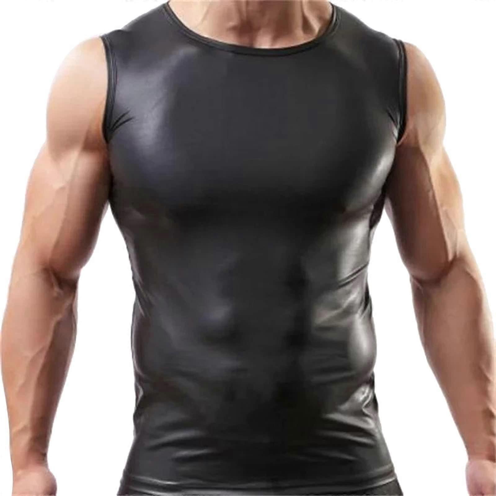 Sexy Underwear For Men, 3XL Wetlook T-Shirt, Sleeveless Latex Tank Top, Stretch Leather Lingerie, Black Erotic Undershirt B4