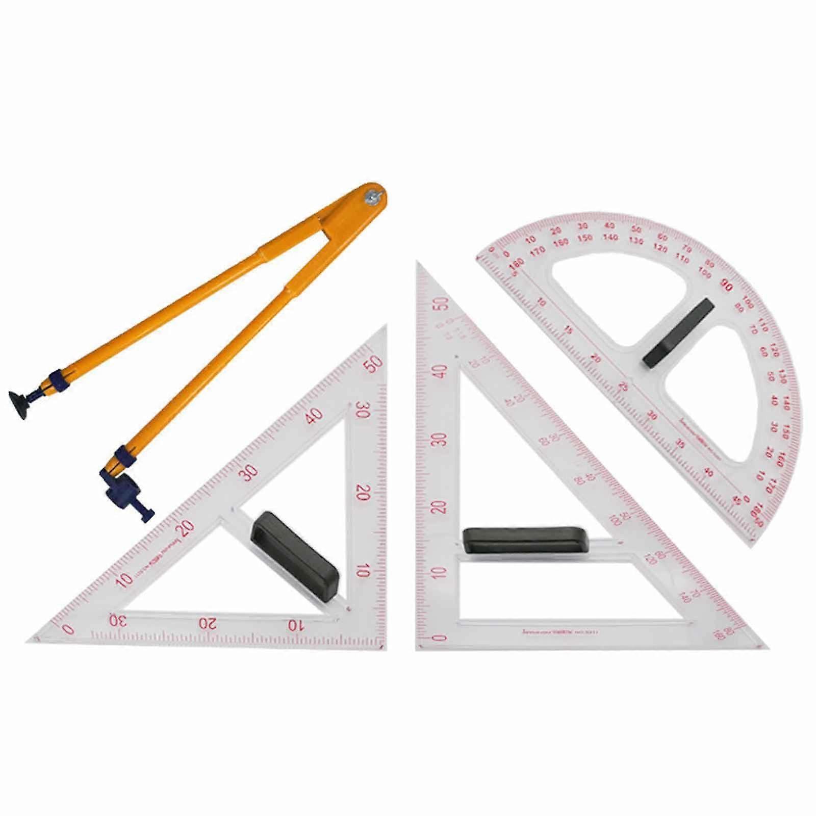Transparent teaching ruler set, 4piece set, compass, protractor, 2 triangular rulers.