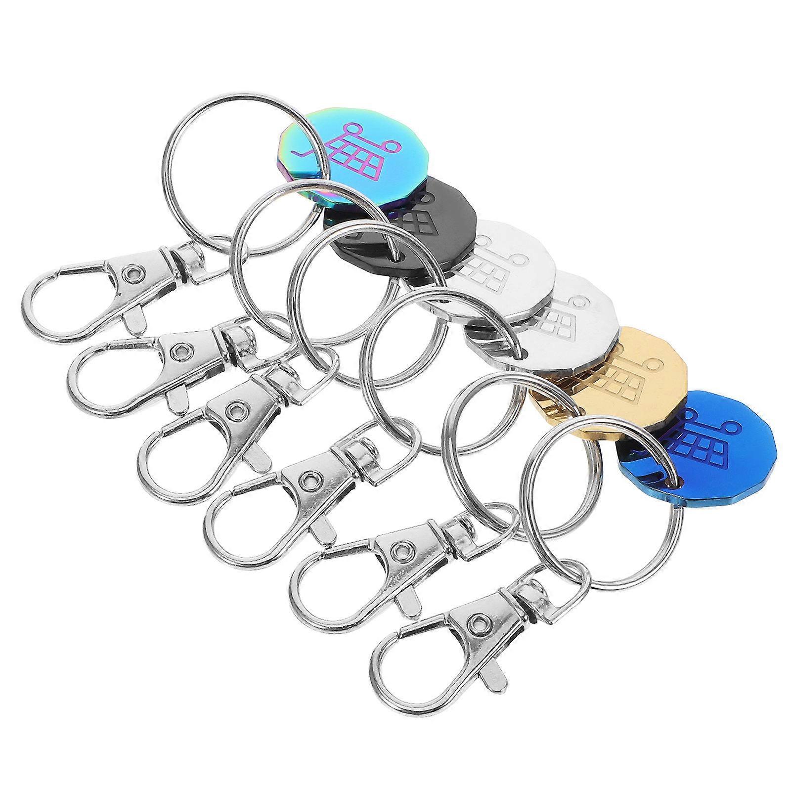 6pcs Stainless Steel Shopping Cart Token Keychain – Portable, Versatile, Steel Blue Grocery Coin Key Ring for Easy Access
