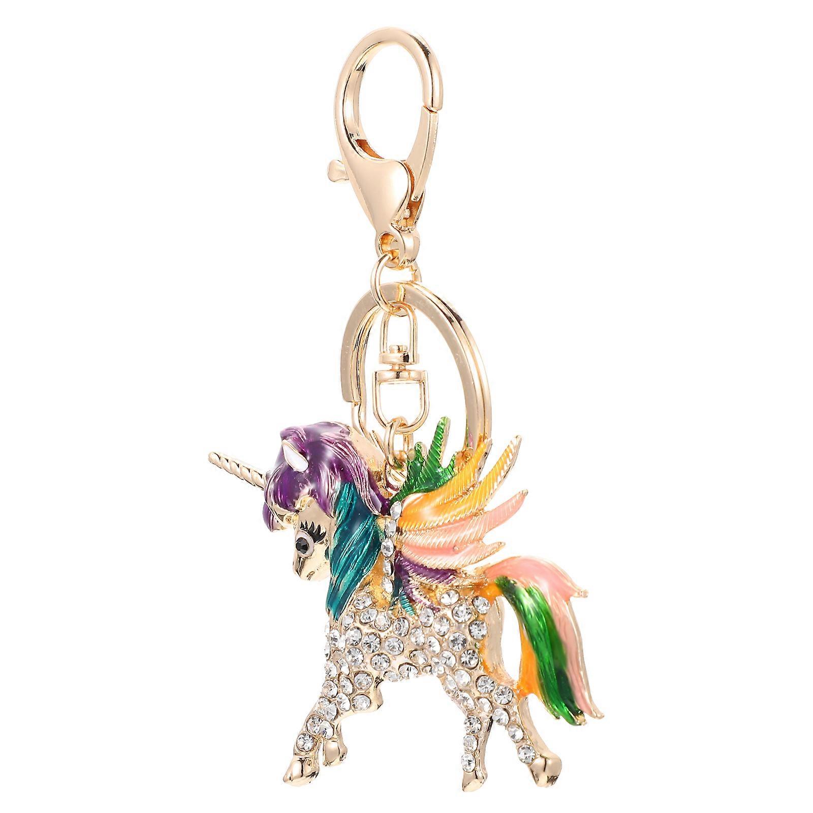 Rhinestone Unicorn Keychain Pendant for Decor Multi Color Zinc Alloy Lightweight 2 5 Inches