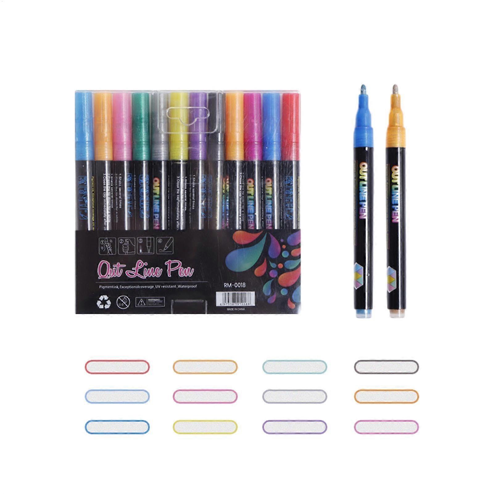 Colouring Lightstick Graffiti Highlighter, Pastel Highlighter, Metallic Contour Marker, Shimmer Pens, Wave Lines, Double Line Pens Marker 12 colour