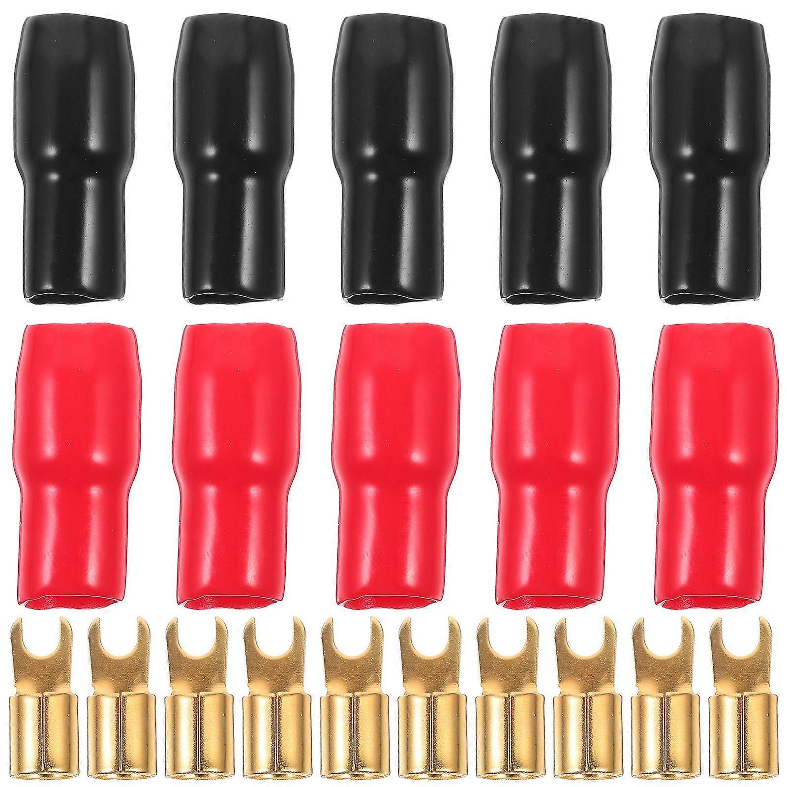 5 Pairs Copper Gold Plated 4 Gauge Strip Spade Terminal Spade Fork Adapters Connectors Plugs Crimp Barrier Spades for Speaker Wire Cable Terminal Plug
