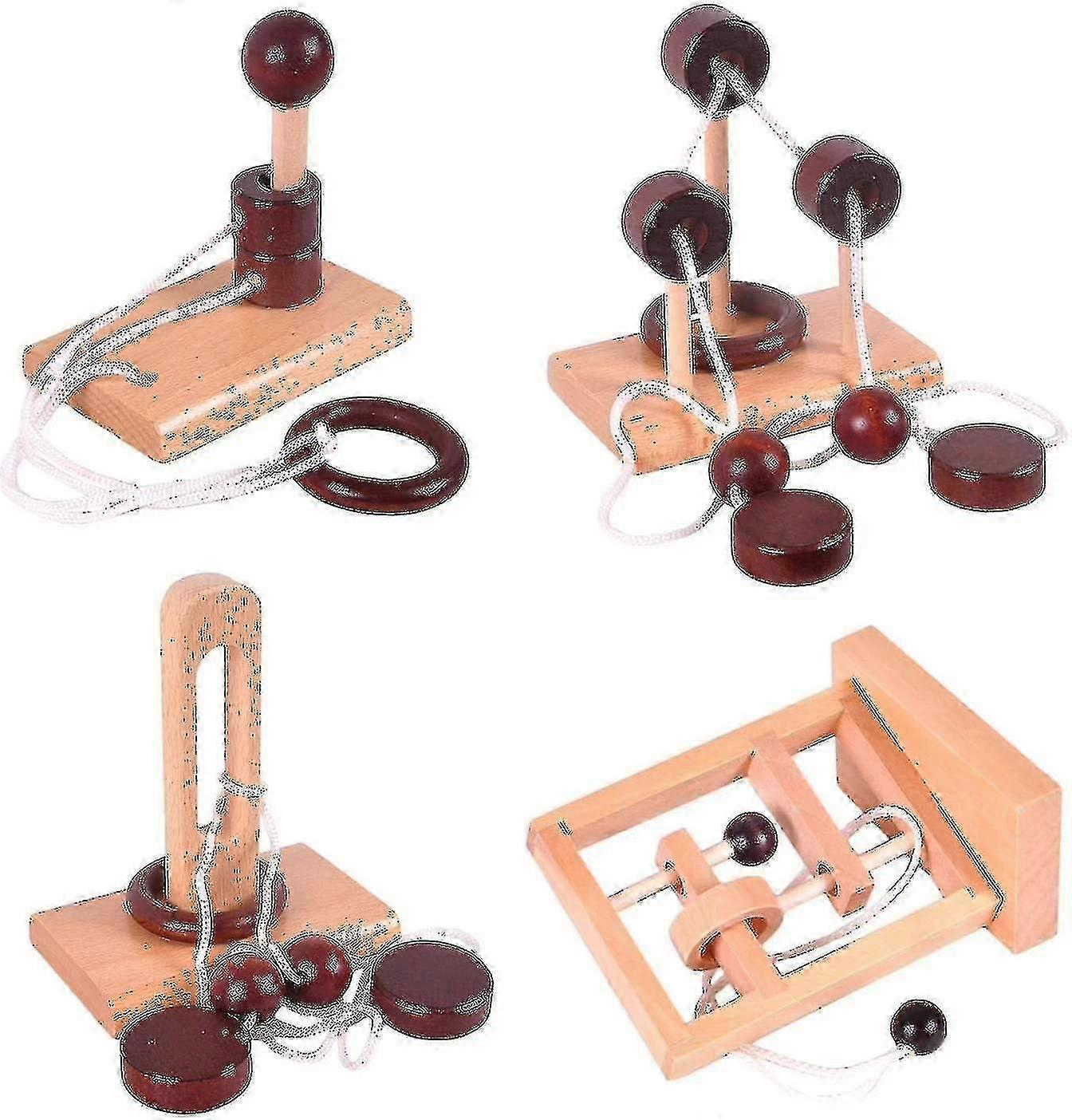 4Pcs Classic Wooden Rope Puzzle Set - Brain Teaser Ring & String Games