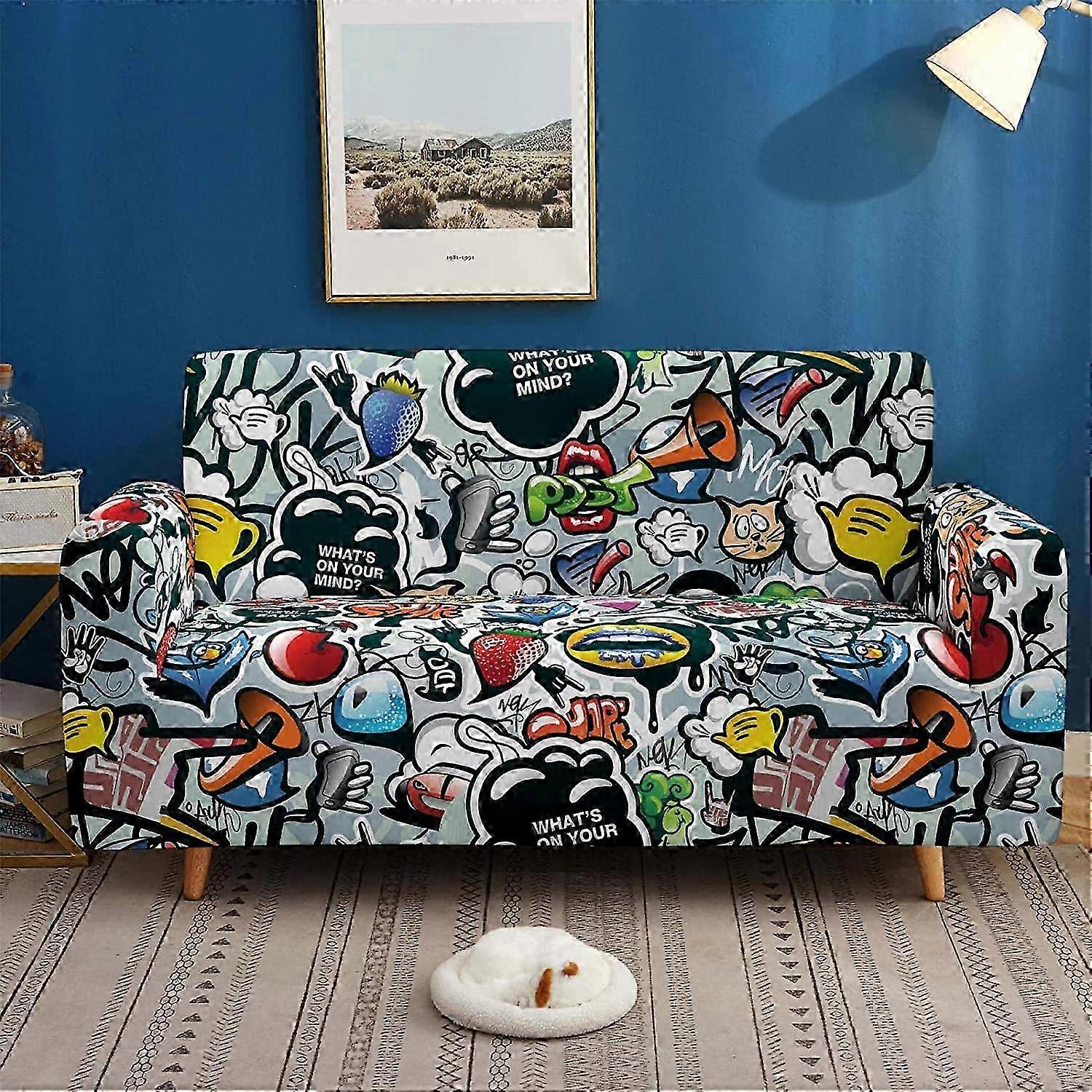 Colorful Pattern Sofa Cover Super Strong Elastic Dustproof Sofa Cover 2 Seater
