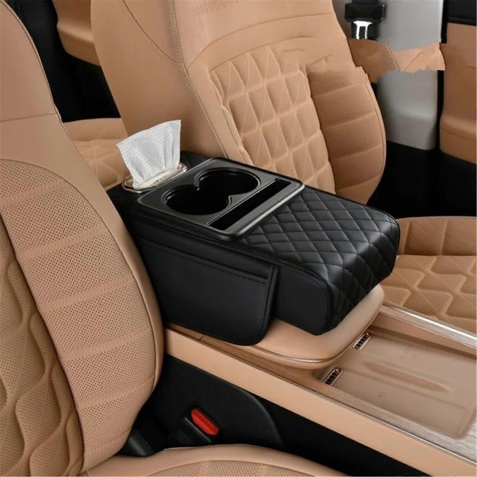 Armrest Storage Box for Car - Heightening Cushion with 2 Cup Holders, Side Storage Pockets, Black Center Console Cover