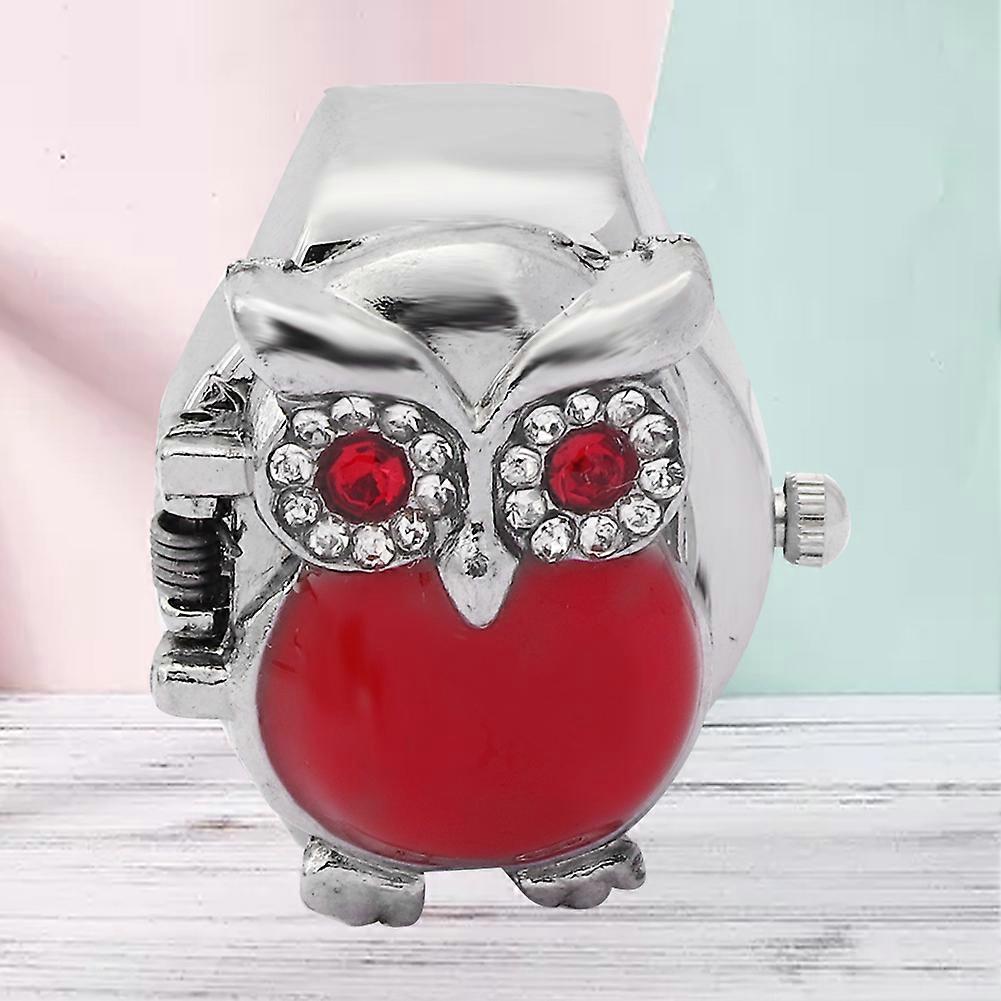 Unixes Red Owl Pattern Quartz Ring Watch 24mm Flip Cover