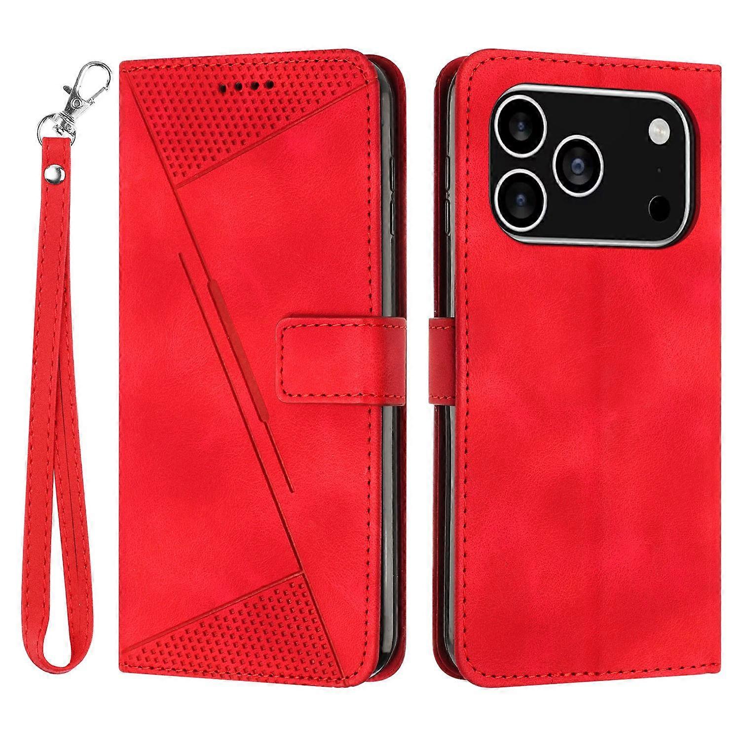 For iPhone 17 Pro Leather Case Imprinted Triangle Phone Cover with Hand Strap - Red
