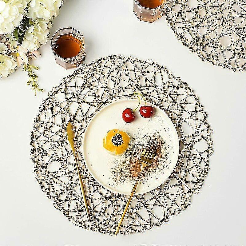 Gold Metallic Placemats Set of 6 Round Woven Non-Slip 38cm for Table Centerpiece