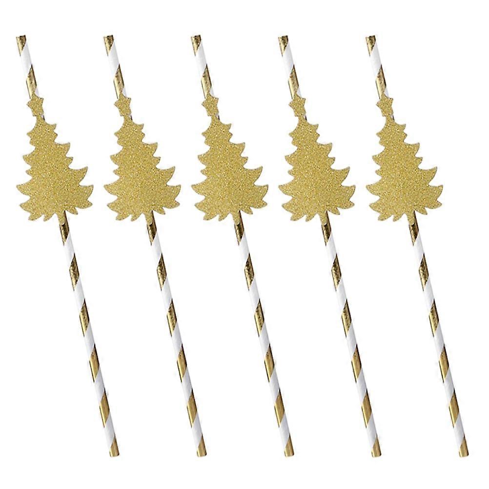 24Pcs Christmas Paper Drinking Straws Xmas Tree Pattern For Party Adornment Golden And White