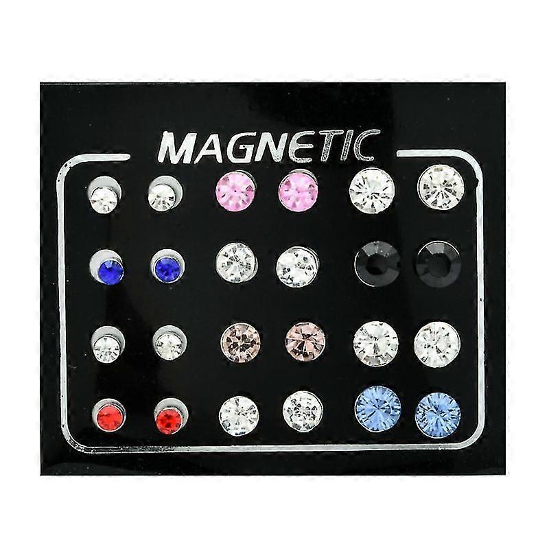 Fashion Colorful Crystal Round Magnetic Stud Earrings 12 Pairs For Daily Party