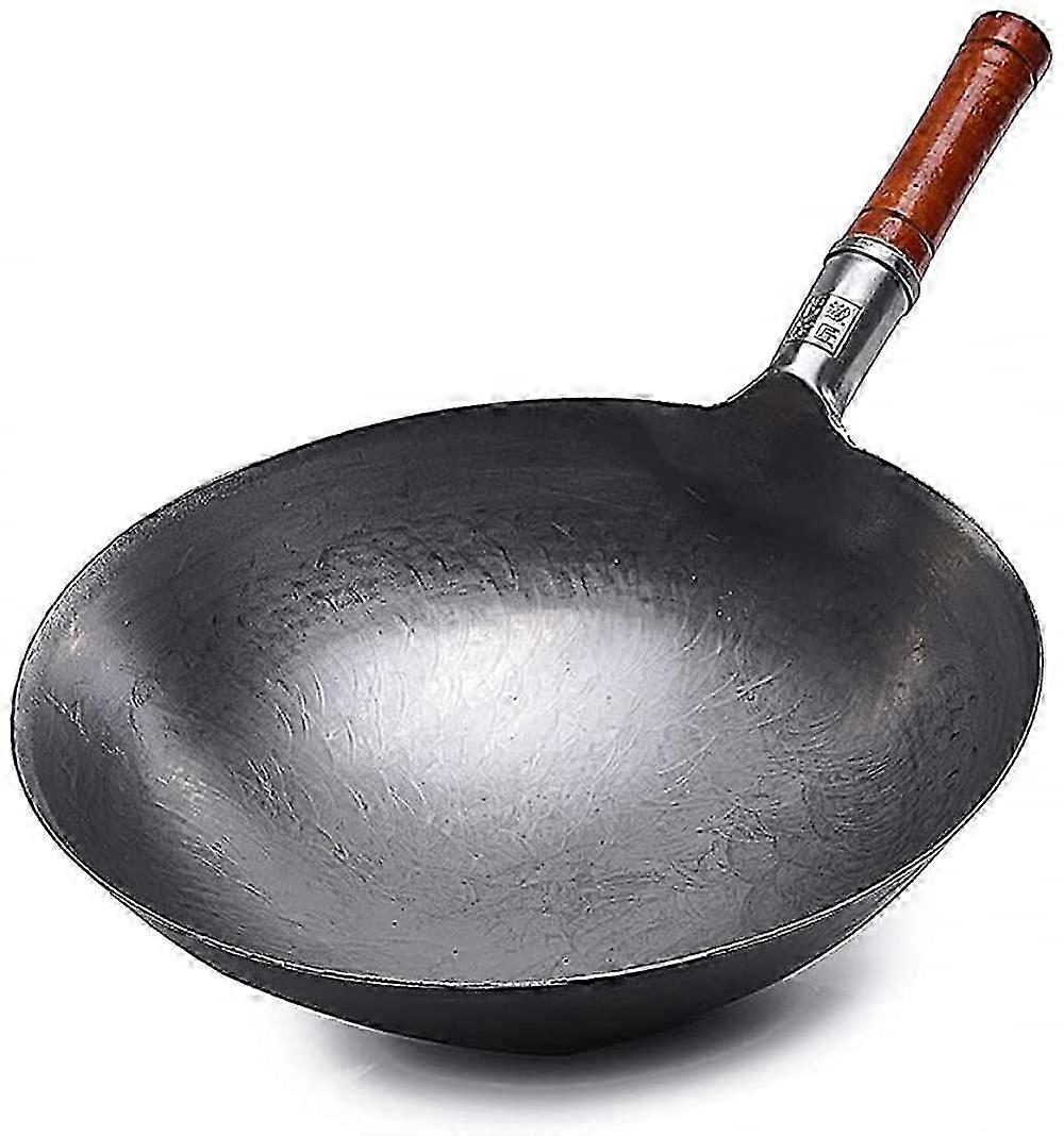 25-26 Hand Hammered Iron Wok, Traditional Nonstick Uncoated Wok with Wood Helper Handle, Round Bottom Wok,for Kitchen Restaurants-32cm