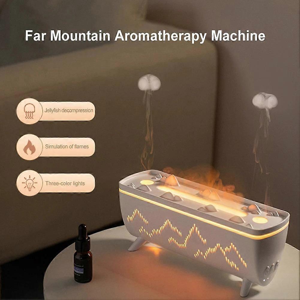 Simulated Flame Aromatherapy Diffuser Air Humidifier with Jellyfish Spray Effect ,  Desktop Dual-Spray Essential Oil Diffuser With Timer & Remote Cont