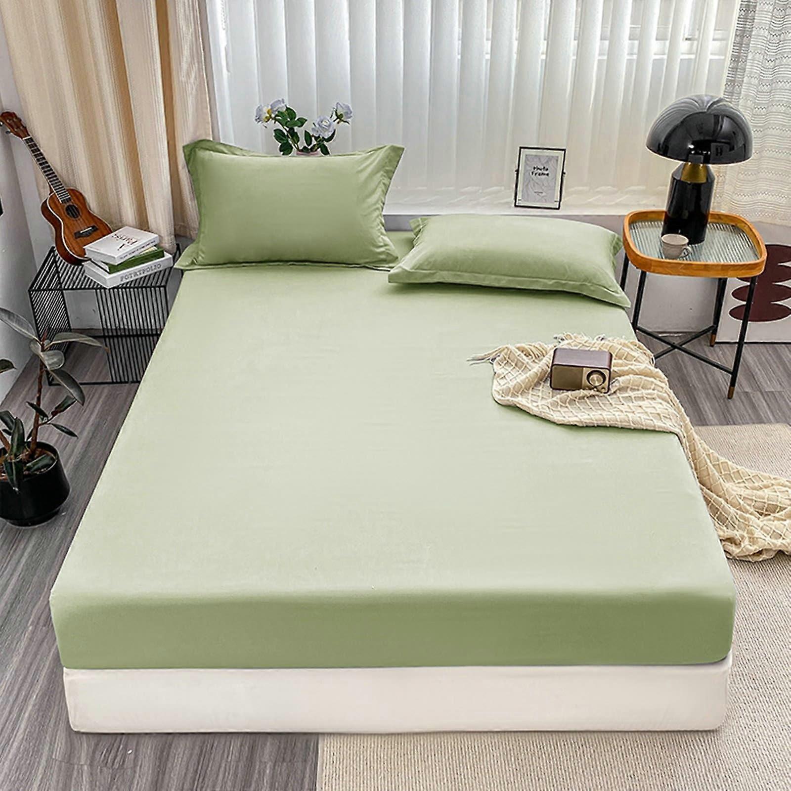 Mint Green Fitted Bed Sheet Set with 2 Pillowcases, Polyester 90x200cm for Box Spring and Water Beds