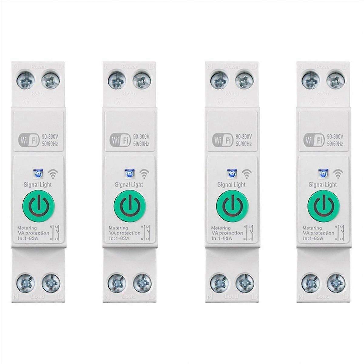 4X Tuya WiFi Smart Circuit Breaker 1P+N 63A Din Rail Switch with Electricity Statistics Remote Voice