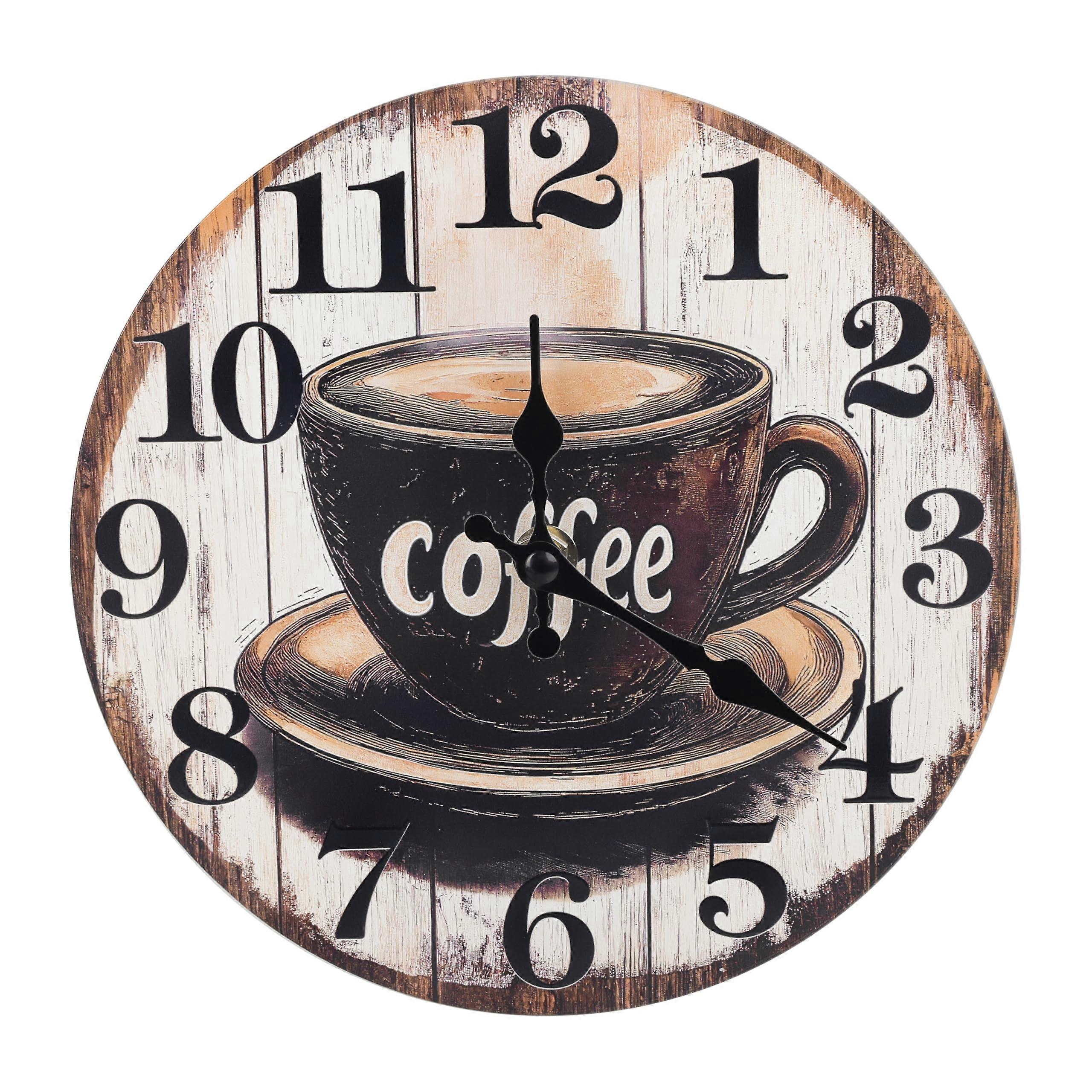 Vintage Coffee Wall Clock 8 Inch Silent Quartz Rustic Glass Dial Easy Read Battery Operated