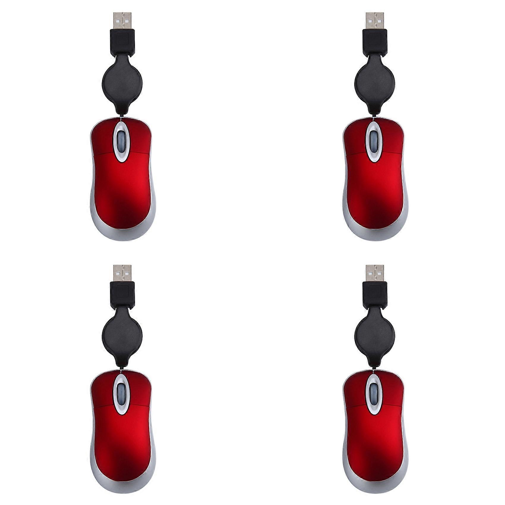 4X Mini USB Wired Mouse Retractable Cable Tiny Small Mouse 1600 DPI for Windows 98 2000 XP Vista Ve (Red)