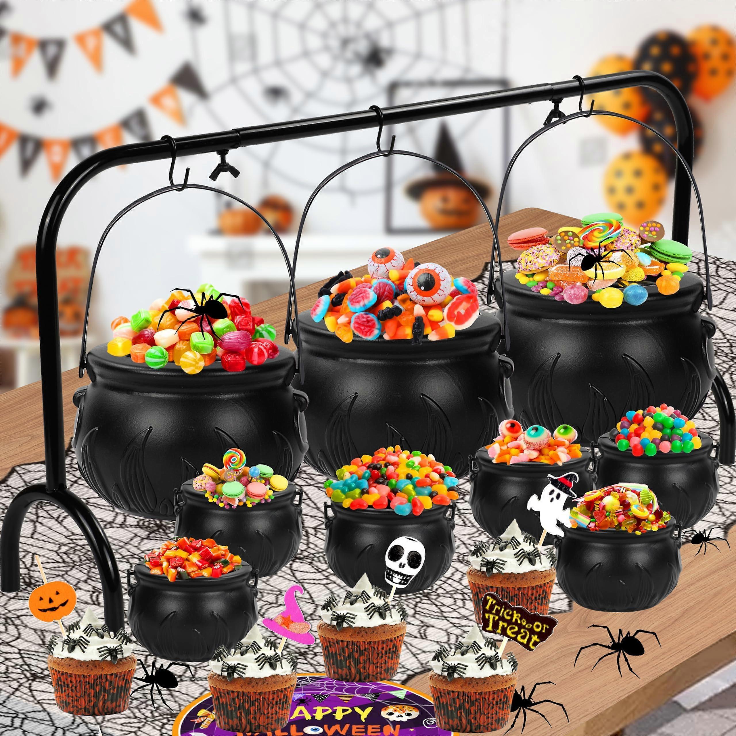 Halloween Cauldron Set with Metal Rack, 9pcs Witches Serving Bowls and Festive Cake Toppers