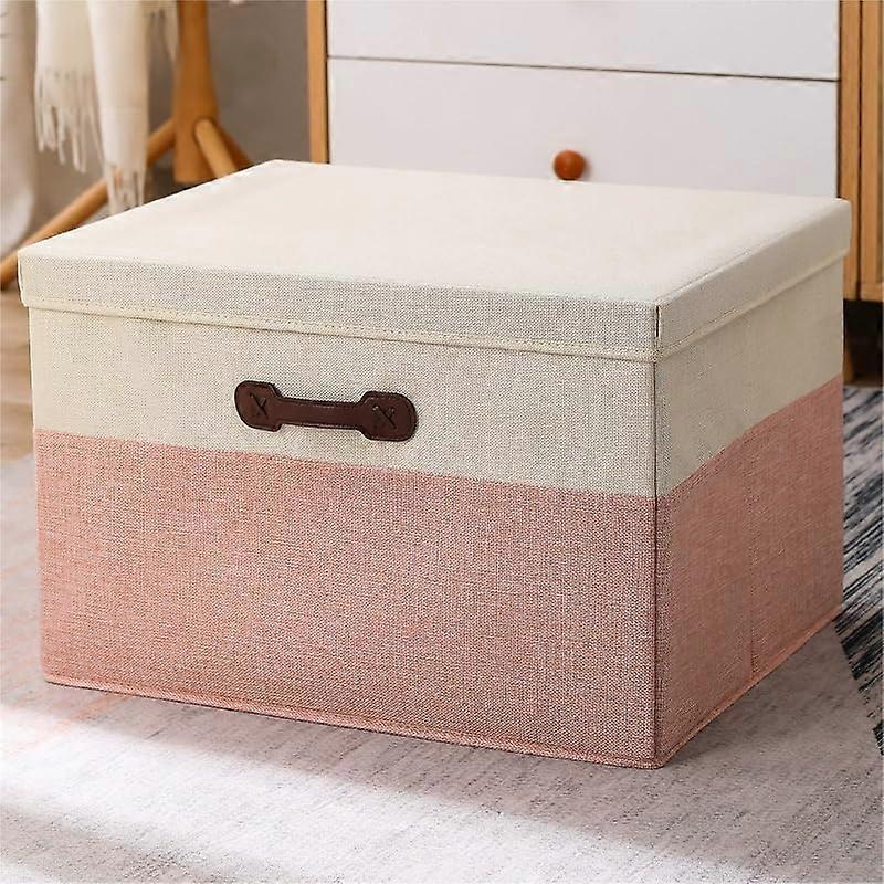 Large Capacity Foldable Storage Box with Lid, Stackable Fabric Bin for Clothes, Toys, Pink and Beige
