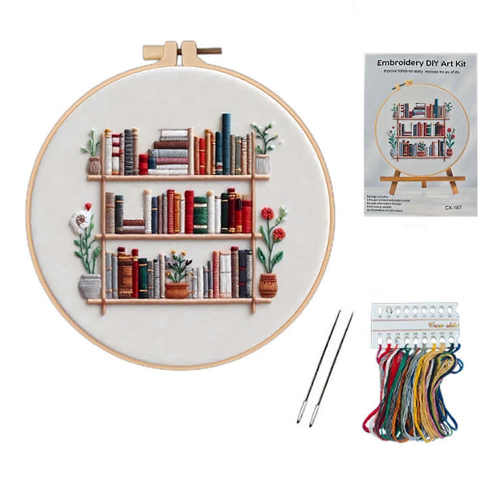 Embroidery Kit for Beginners, Punch Needle Starter Set with Elegant Bookshelf Pattern, Bamboo Hoop and Vibrant Threads