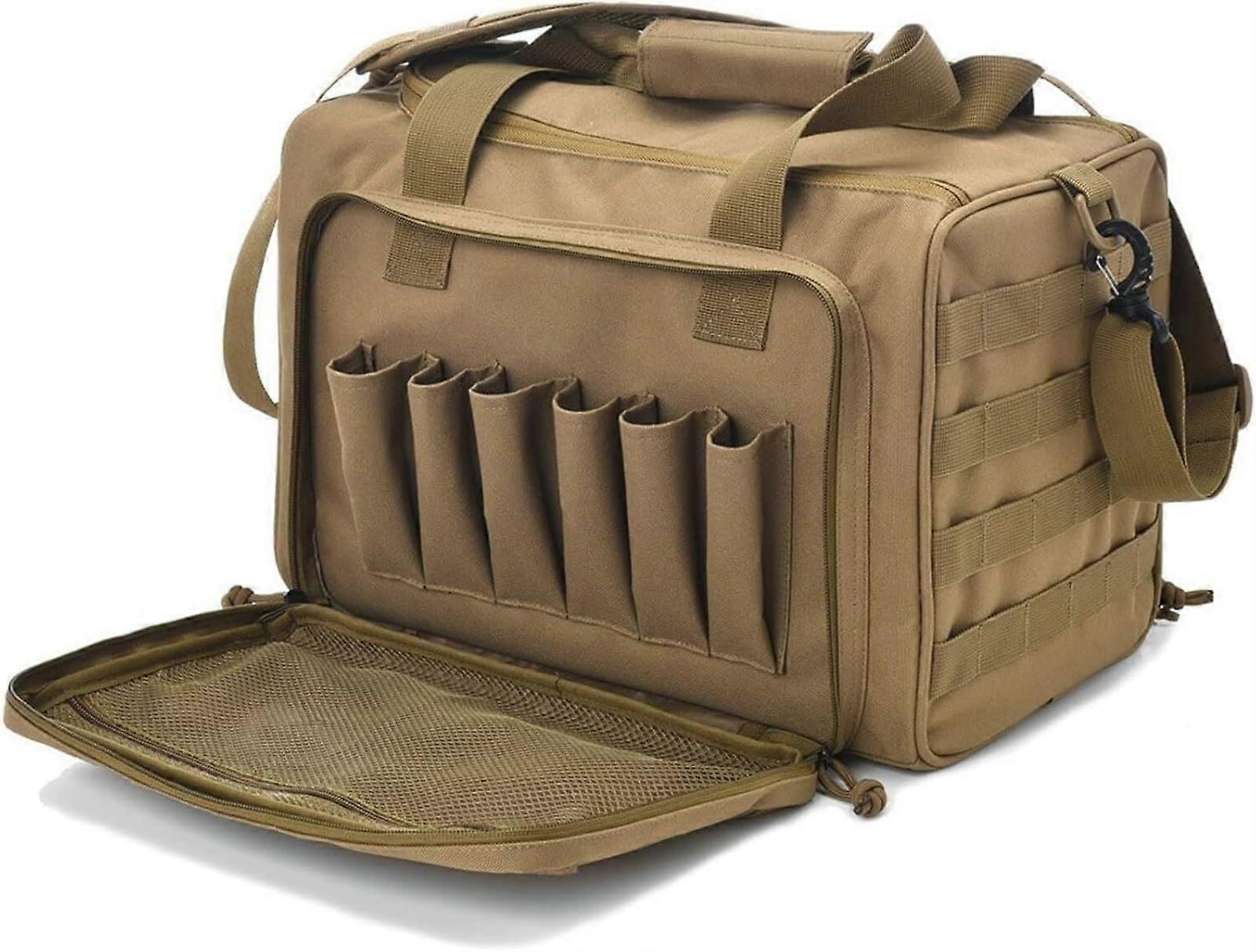 Tactical Shooting Range Bag 600D Waterproof Khaki with Molle System and Padded Lockable Compartments