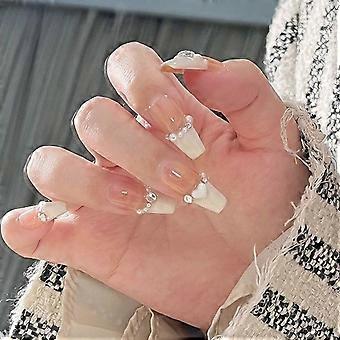 24pcs Long Coffin Press On Nails French Ballerina Fake Nails with Colorful Flame Butterfly Hearts