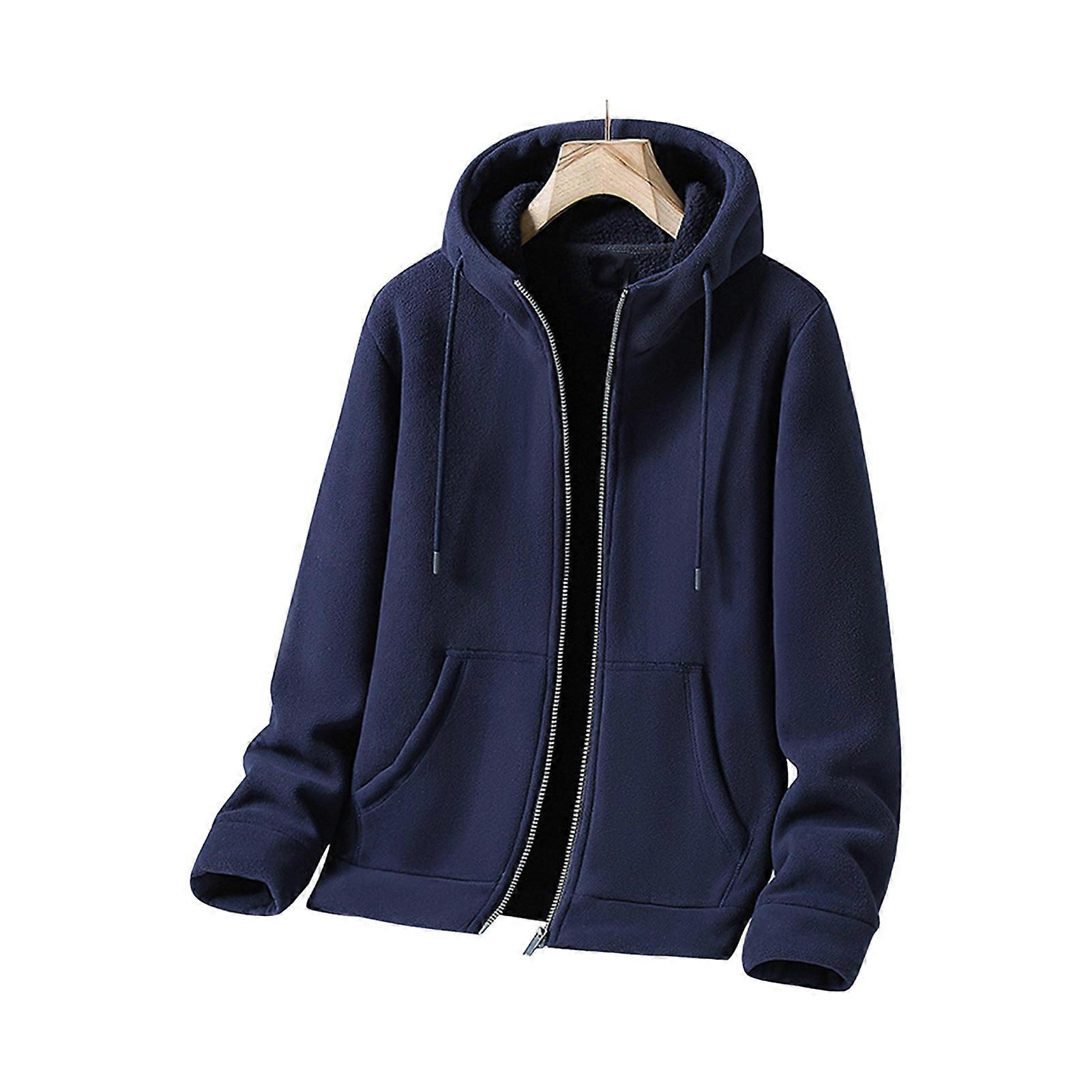 Men Fall Winter Coat Hooded Zipper Closure Long Sleeves Drawstring Loose Thick Warm Solid Color